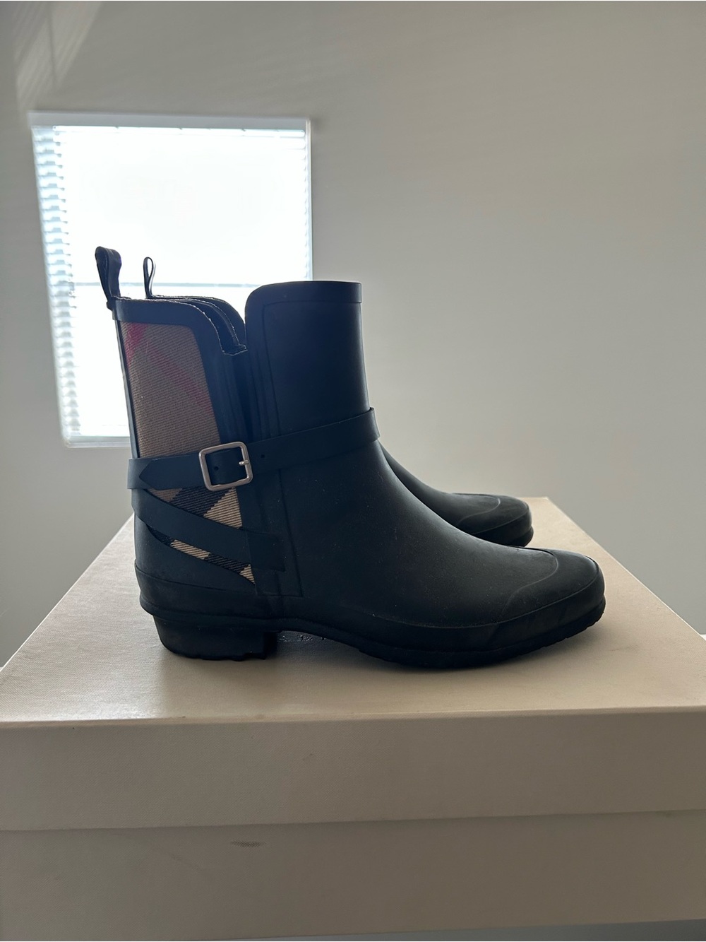 Burberry Black Women's Chelsea Rain Ankle Boots with Plaid Panel - Picture 5 of 8